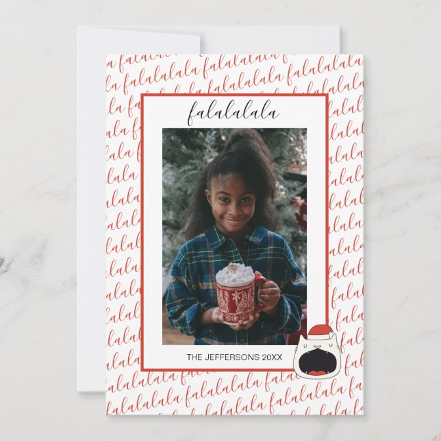 Cute Singing Cat Fa La La La Julfoto Julkort (Framsida)