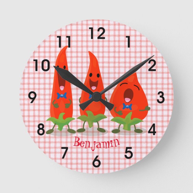 Cute singing chili paprika tecknad illustration rund klocka (Framsida)