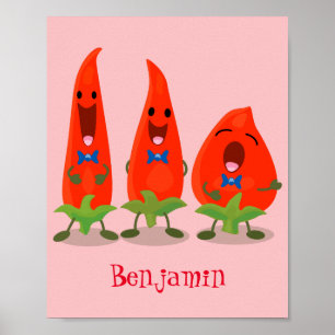 Cute singing chili peppers tecknad illustration poster