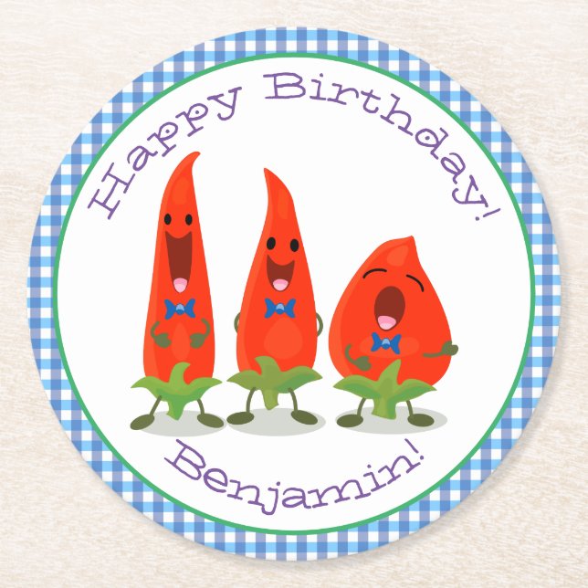 Cute singing chili peppers tecknad illustration underlägg papper rund (Framsidan)