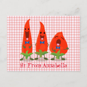 Cute singing chili peppers tecknad illustration vykort