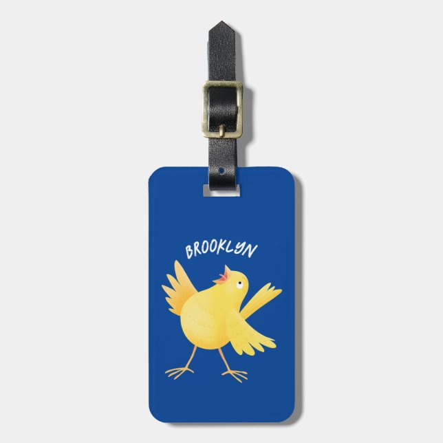 Cute singing gult canary bird tecknad bagagebricka (Vertikal Framsida)