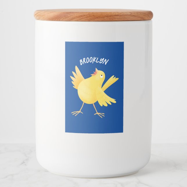 Cute singing gult canary bird tecknad mat etikett (Framsida)