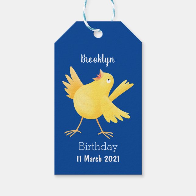 Cute singing gult canary bird tecknad presentetikett (Framsidan)