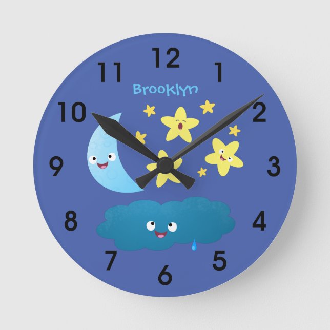 Cute singing stars, moon and cloud cartoon round c rund klocka (Framsida)