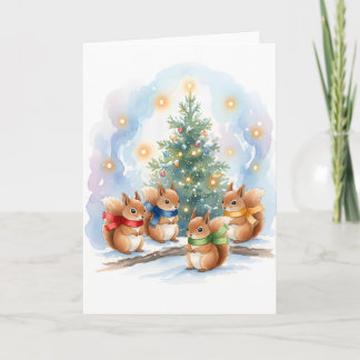 Cute Singing Woodland Squirrels Watercolor Holiday Kort