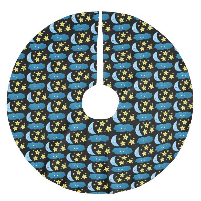 Cute singjärnorna, måne och molnet tecknad julgransmatta borstad polyester (Framsidan)