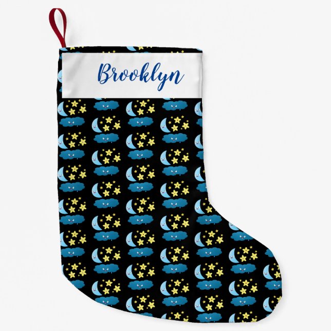 Cute singjärnorna, måne och molnet tecknad liten julstrumpa (Framsidan)