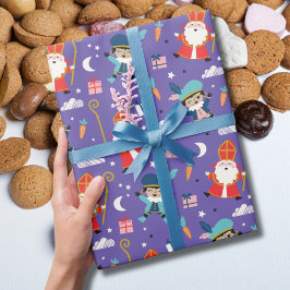 Cute Sinterklaas and Piet Pattern on Purple Presentpapper