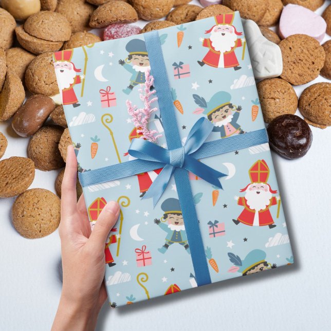 Cute Sinterklaas och Piet Mönster på ljusblått Presentpapper (Skapare uppladdad)