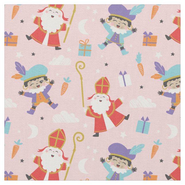 Cute Sinterklaas och Piet Mönster på Rosa Tyg (Närbild)