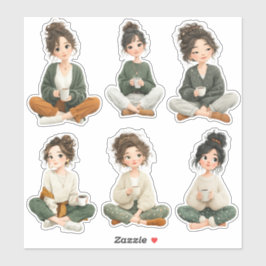 Cute Sitting Chibi Girl Coffee Stickers Klistermärken