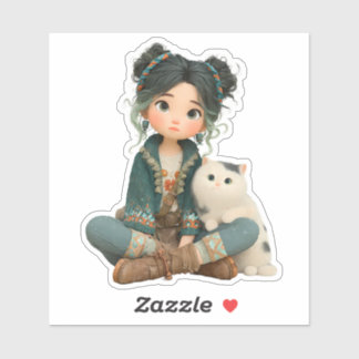 Cute Sitting Girl with Cat – Cozy Character Sticke Klistermärken