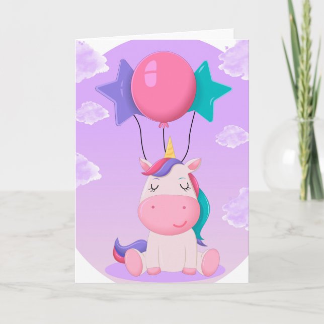 Cute Sitting Unicorn and Balloons Lilac Kort (Framsida)
