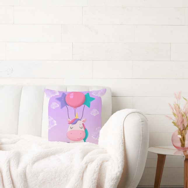 Cute Sitting Unicorn and Balloons Lilac Kudde (Soffa)