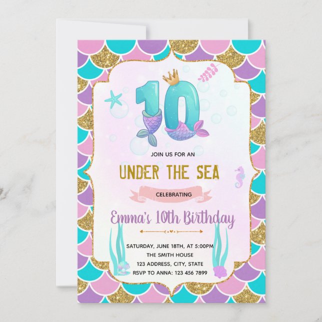 Cute sjöjungfru 10-årsinbjudan inbjudningar (Framsida)