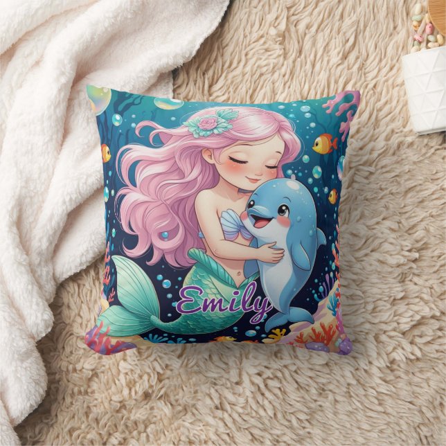 Cute Sjöjungfru and Dolphin Pillow - Personlig Kudde (Filt)