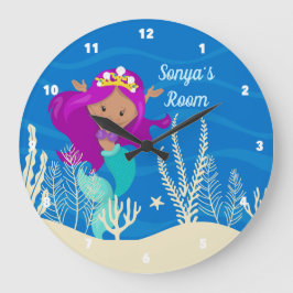 Cute Sjöjungfru Beach Girl Ocean Blue Bedroom Stor Klocka