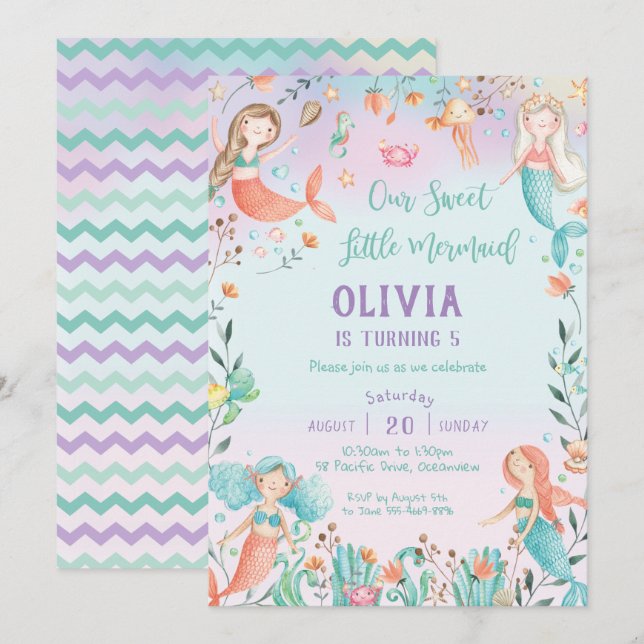 Cute Sjöjungfru Birthday Rainbow under Sea Inbjudningar (Fram/baksida)