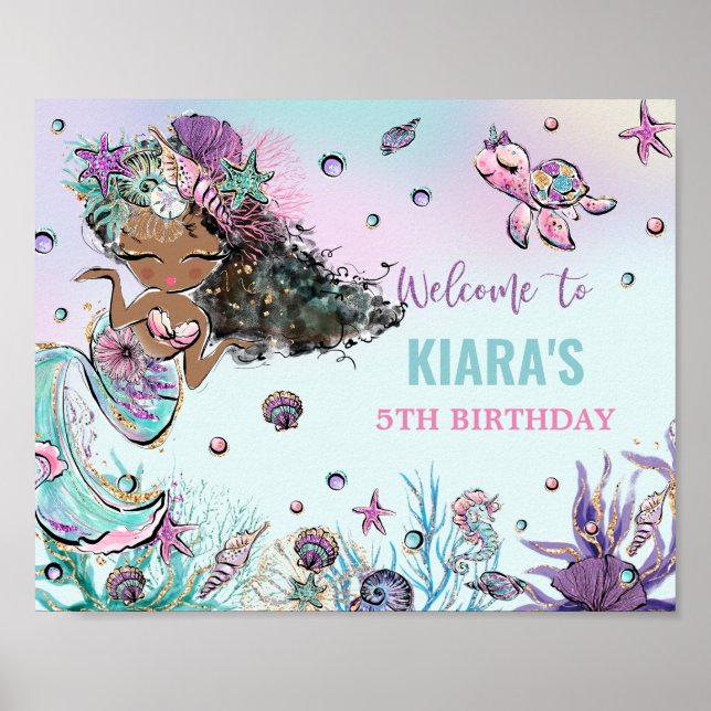 Cute Sjöjungfru Birthday under Sea Bassäng Välkomm Poster (Framsidan)