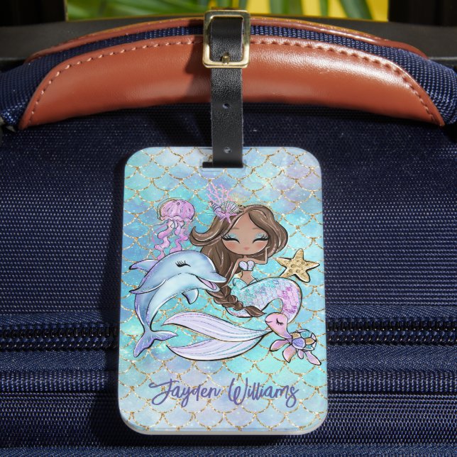 Cute Sjöjungfru Brown Girl Custom Name Kids Bagagebricka (Framsida Insitu 2)