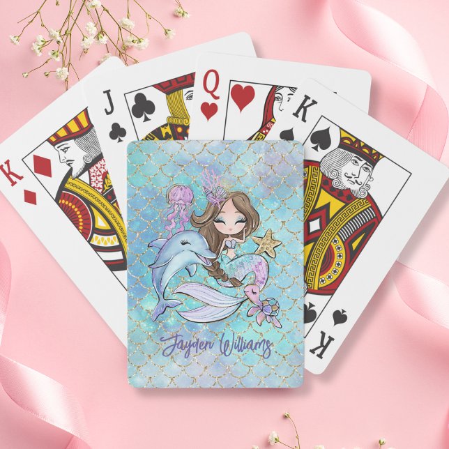 Cute Sjöjungfru Brown Hair Custom Name Girl Birthd Casinokort (Cute Mermaid Brown Hair Custom Name Girl Birthday Poker Cards
)