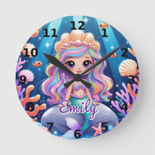 Cute Sjöjungfru Clock - redigerbart Namn Rund Klocka