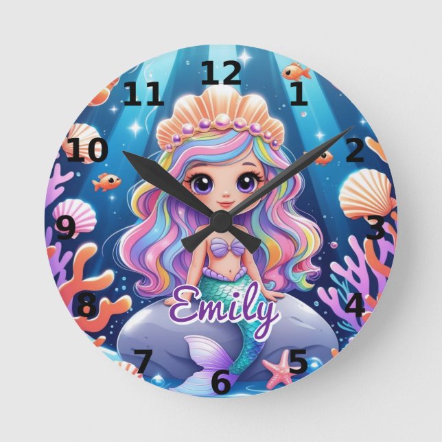 Cute Sjöjungfru Clock - redigerbart Namn Rund Klocka (Framsida)