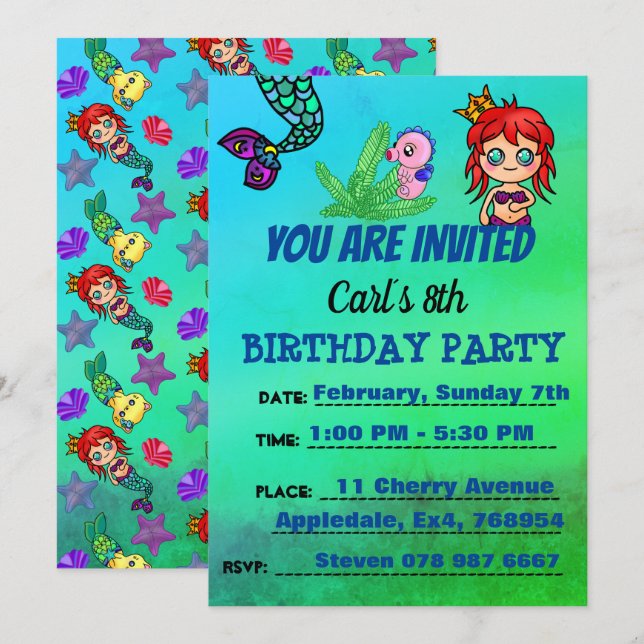 Cute Sjöjungfru Födelsedagsfest Oceanen Inbjudningar (Fram/baksida)