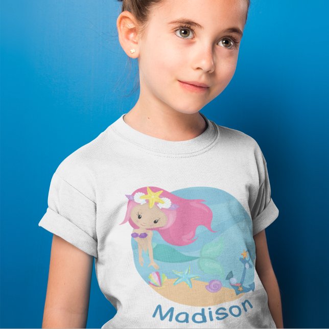 Cute Sjöjungfru Girl Beach Födelsedagsfest Anpassn T Shirt (Skapare uppladdad)