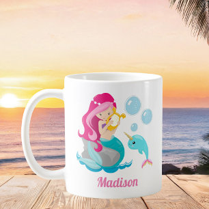Cute Sjöjungfru Girl Beach Narwhal Monogram Kids Kaffemugg