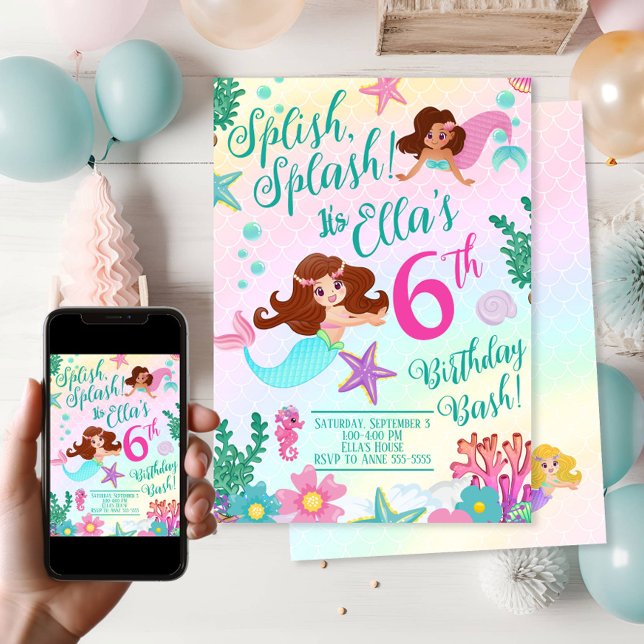 Cute Sjöjungfru Girl-Födelsedagsfest Inbjudningar (Mermaid Party Invitations)