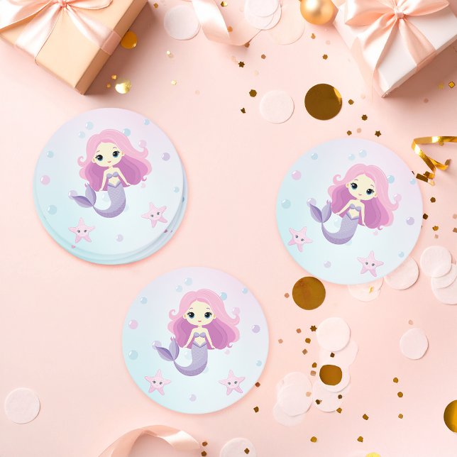 Cute Sjöjungfru Girl-Födelsedagsfest Underlägg Papper Rund (Skapare uppladdad)