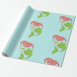 Cute Sjöjungfru Girl på Blue med Bubbles Presentpapper