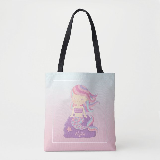 Cute Sjöjungfru Girl Rosa Blue Ombre Tote Bag Tygkasse (Framsida)