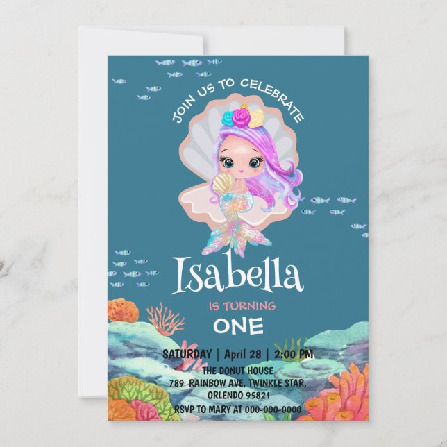 Cute Sjöjungfru glitter Rainbow-Födelsedagsfester Inbjudningar (Framsida)