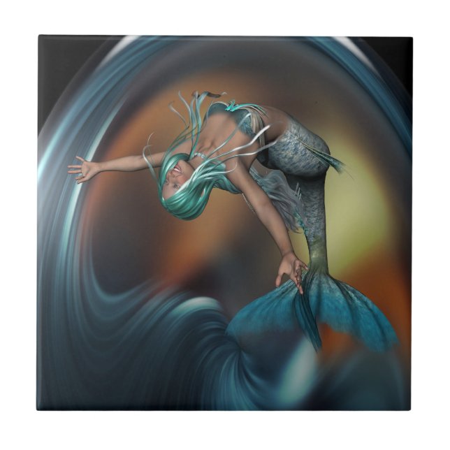 Cute Sjöjungfru Joyully Swimming Kakelplatta (Framsidan)