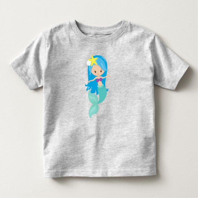 Cute Sjöjungfru, Little Sjöjungfru, Blue Hair, Sta T Shirt (Framsida)
