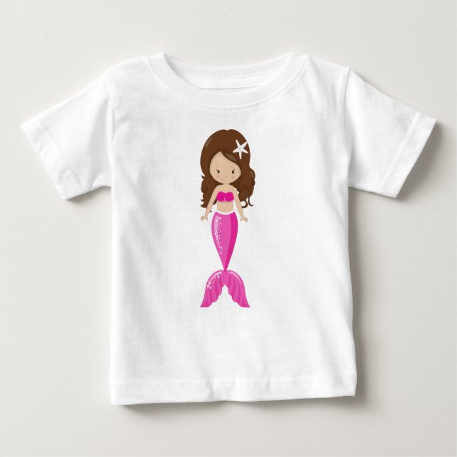Cute Sjöjungfru, Little Sjöjungfru, Brown Hair, Sv T Shirt (Framsida)