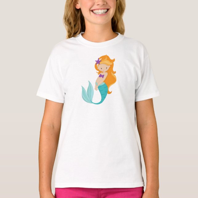 Cute Sjöjungfru, Little Sjöjungfru, Orange Hair, S T Shirt (Framsida)