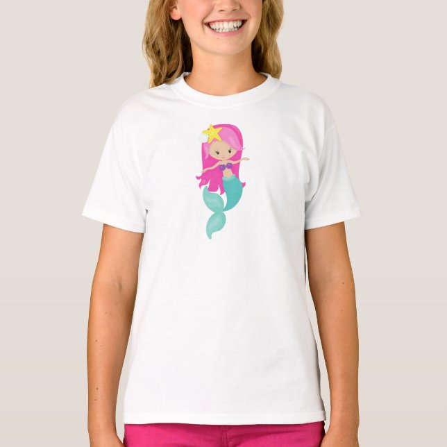 Cute Sjöjungfru, Little Sjöjungfru, Rosa Hair, Sta T Shirt (Framsida)