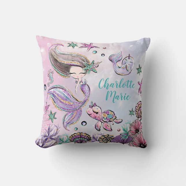 Cute Sjöjungfru med sköldpadda och Narwhal Girl Nu Kudde (Framsida)