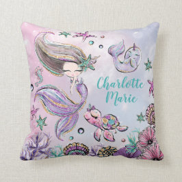 Cute Sjöjungfru med sköldpadda och Narwhal Girl Nu Kudde