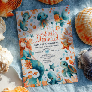 Cute Sjöjungfru Ocean Life Watercolor Barns födels Inbjudningar