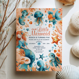Cute Sjöjungfru Ocean Marine Life Girl Barns födel Inbjudningar