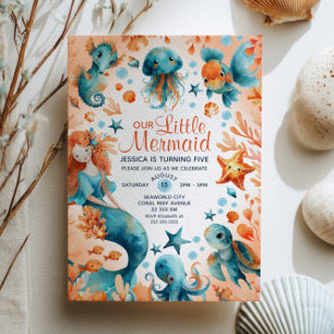 Cute Sjöjungfru Ocean Marine Life Girl Barns födel Inbjudningar
