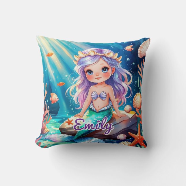 Cute Sjöjungfru Ocean Pillow - redigerbart Namn Kudde (Framsida)