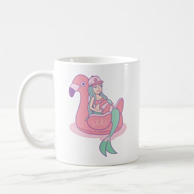 Cute Sjöjungfru på Flamingo Bassäng Flyter lustigt Kaffemugg (Vänster)