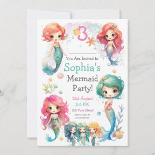 Cute Sjöjungfru Party-inbjudan, redigerbar text Inbjudningar