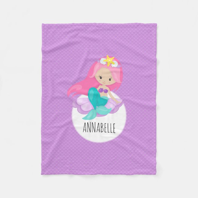 Cute Sjöjungfru Princess Girl Girl Sea Snäcka Lila Fleecefilt (Framsidan)